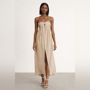 Revolve L’academie Jolena linen blend halter maxi dress in tan. NWT. XS